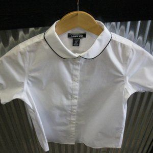 Lands End Girls Piped Peter Pan Collar Broadcloth Shirt, White/Classic Navy, NWT
